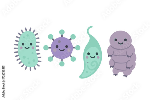 Adorable microscopic organisms: bacteria, virus, protozoa, and water bear tardigrade characters with happy faces
