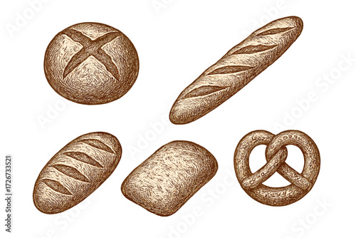Assortment of freshly baked bread loaves, including a crusty baguette and a traditional pretzel, presented in a rustic style on a clean white background