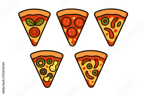 Collection of delicious pizza slices with various toppings including pepperoni, olives, mushrooms, and fresh basil leaves