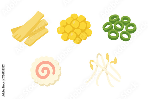 Assortment of fresh ramen noodle soup ingredients including corn kernels, sliced green onions, narutomaki fish cake, and bean sprouts