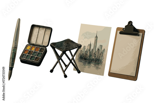 Art supplies for plein air painting with watercolor palette, brush, portable stool, clipboard, and cityscape artwork