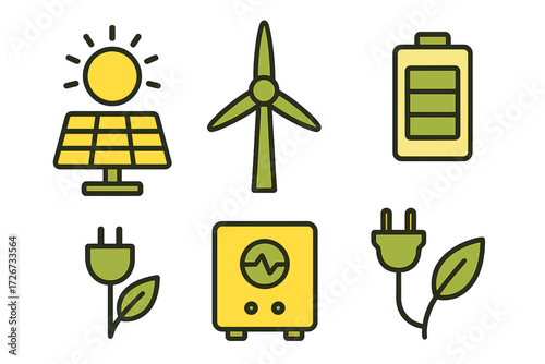 Comprehensive collection of diverse icons representing various renewable energy sources and sustainable power generation technologies