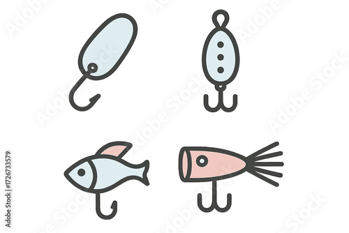 Assortment of colorful fishing lures and hooks for recreational angling and sport fishing activities