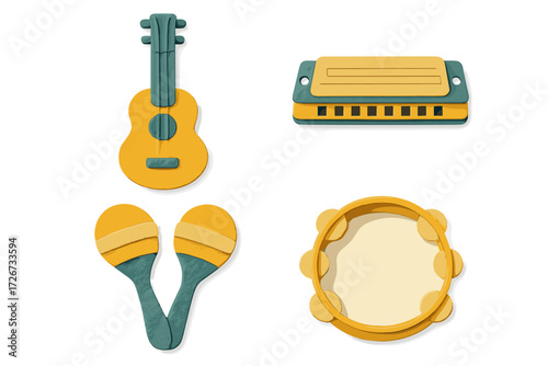 Stylized collection of various musical instruments including a guitar, harmonica, maracas, and tambourine in a modern design