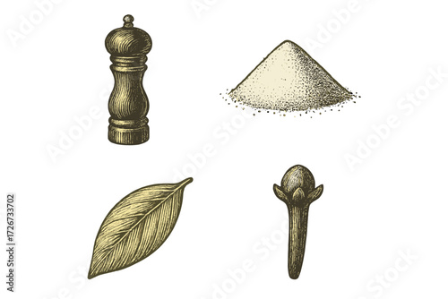Essential kitchen spices and seasonings including pepper mill, salt, bay leaf, and clove bud
