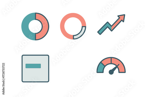 Collection of business data visualization icons representing financial growth, progress, and performance metrics for reports