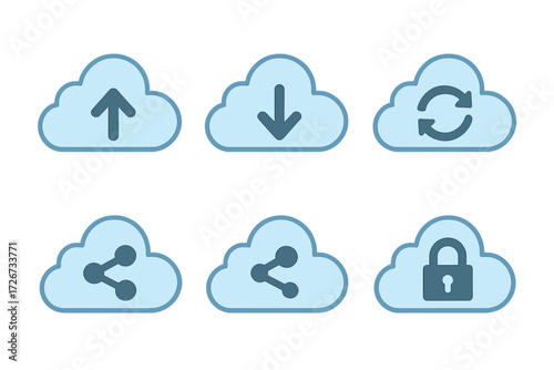 Collection of cloud technology symbols representing data transfer, sharing, synchronization, and secure online storage