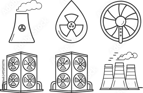 Seamless black pattern drawing of a nuclear power station and a gas mask vector symbol icon set illustration design