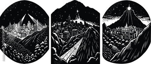 Dramatic cityscape art featuring silhouetted buildings, stars, and mountain peaks in a stylized black and white urban landscape design element