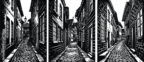 Step back in time with this captivating black and white illustration of a quaint cobblestone street lined with vintage European buildings
