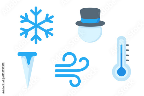Essential winter weather symbols: snowflake, snowman, icicle, wind, thermometer for cold season