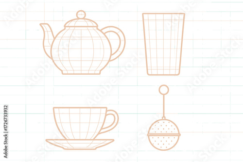 Minimalist outline of tea and hot drink accessories including teapot, teacup, glass, and infuser on a grid background