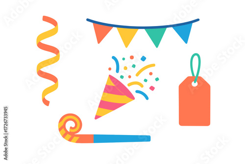 Assortment of colorful party celebration elements including confetti popper streamers banner and party blower