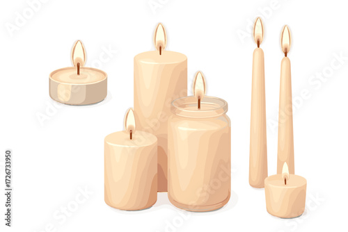 Various lit candles, including pillar, taper, and votive types, creating a warm ambiance and decorative glow for peaceful settings, relaxation, and spiritual moments