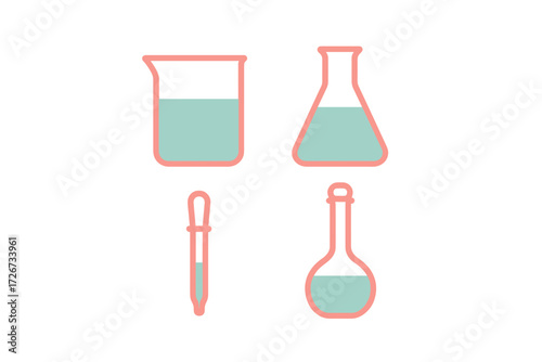 Collection of essential laboratory glassware with colorful liquids for scientific experiments, chemical analysis, and research