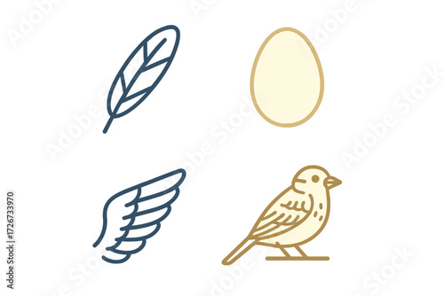 Collection of bird related icons including feather, egg, wing, and small bird symbol on white background