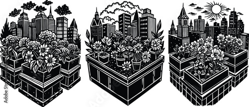 Urban oasis rooftop gardens bloom amid city skyscrapers, creating a modern escape with flowers and plants in a concrete jungle setting