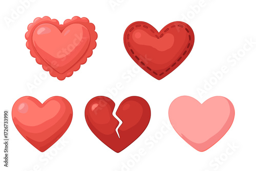 Assortment of red and pink heart symbols depicting affection, passion, and heartbreak on white background