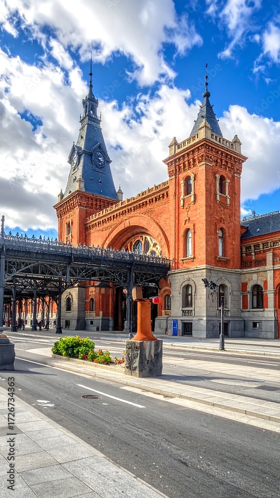 Fototapeta premium Architectural train station facade under a partly cloudy sky