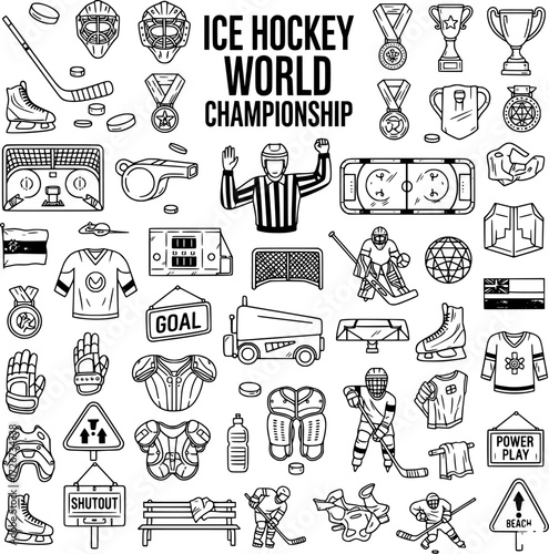 Ice Hockey World Championship vector icons set. Hand-drawn outline collection of sports equipment, players, game elements, and trophies. Black and white graphic symbols.
