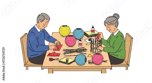 Older couple making paper lanterns together
