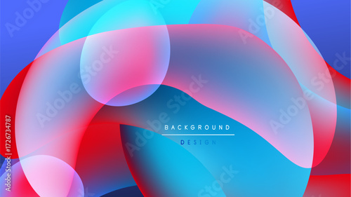 Abstract fluid shapes overlap, creating vibrant blue, red, pink gradients. Dark background emphasizes glowing forms. Modern design element.