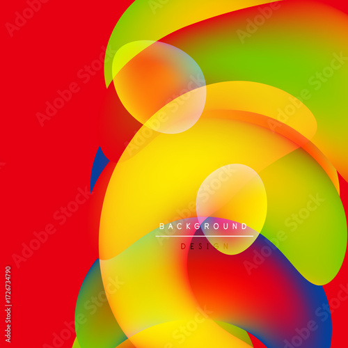 Vibrant overlapping circles create dynamic colorful abstract background. Red dominates left side, gradients flow smoothly. Design elements suggest movement.