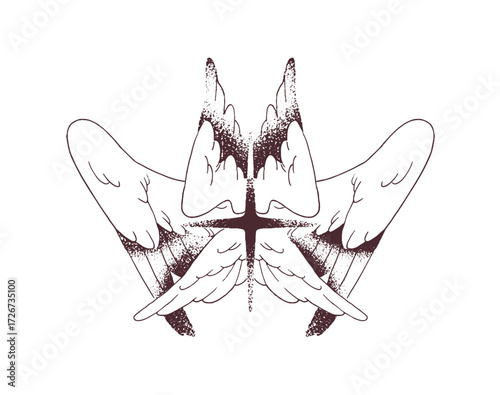 Vintage tattoo of seraphim in dotwork style. Sketch of biblical archangel. Retro tatto of winged angel from Bible. Cherubim tatoo. Hand drawn outline isolated vector illustration on white background