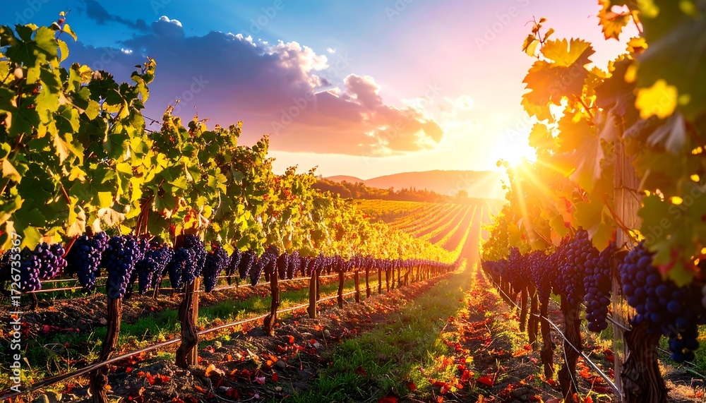 Fototapeta premium Vineyard at Sunset with Rows of Grapes and Golden Light Scenery