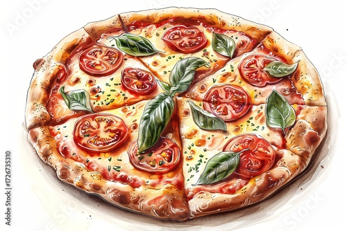 Dessin de pizza, basilic, tomate, mozzarella, recette italienne, façon aquarelle, crayon.