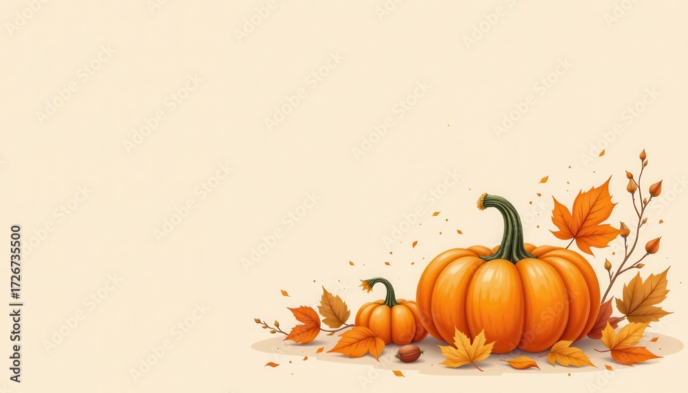 Naklejka premium Autumn Still Life with Pumpkins and Leaves Neutral Background