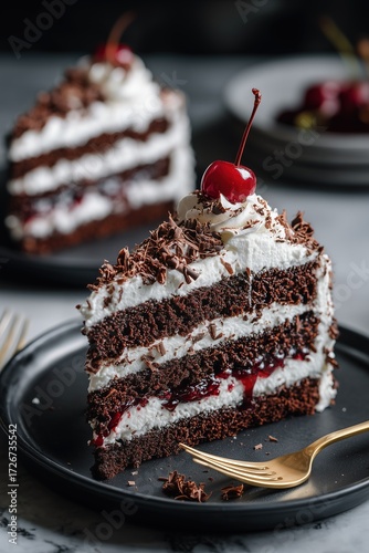 Black Forest cake slice with whipped cream, cherry compote, and chocolate shavings on plate
