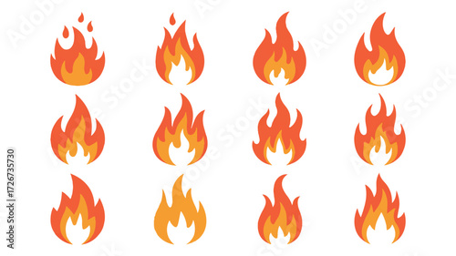 A set of 9 minimalist fire icon designs arranged in a 3x3 grid against a white background 