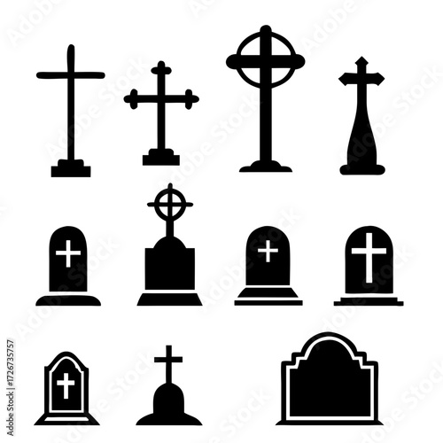 Grave icons set. Tombstone vector icon. Black on a white background