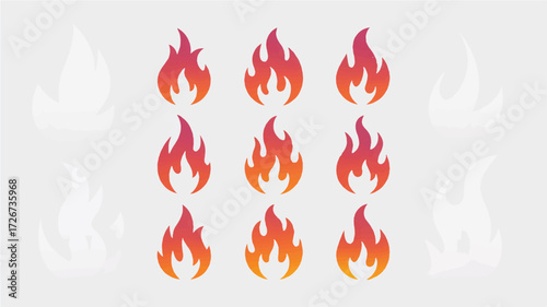 A set of 9 minimalist fire icon designs arranged in a 3x3 grid against a white background.