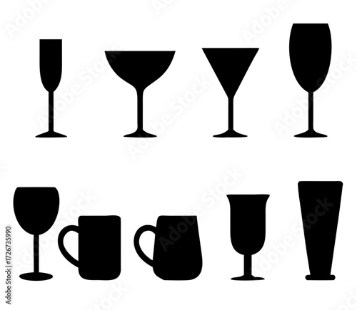 Set of vector glasses. Set of vector glasses for wine, martini, champagne and other