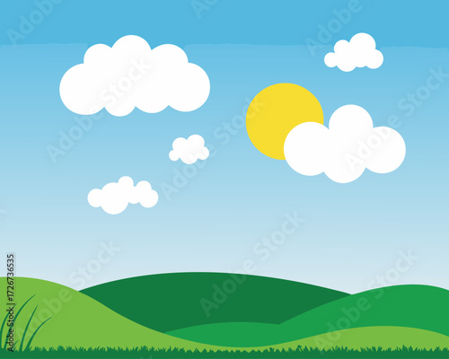Beautiful landscape background Vector, Fresh background with green grass blue sky with clouds dream field vector realistic seamless pattern.