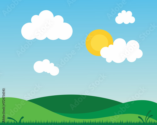 Beautiful landscape background Vector, Fresh background with green grass blue sky with clouds dream field vector realistic seamless pattern.