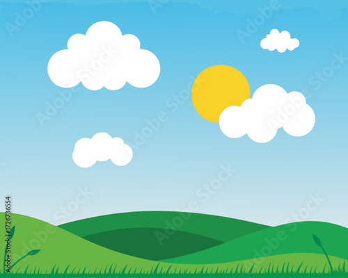 Beautiful landscape background Vector, Fresh background with green grass blue sky with clouds dream field vector realistic seamless pattern.