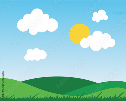 Beautiful landscape background Vector, Fresh background with green grass blue sky with clouds dream field vector realistic seamless pattern.