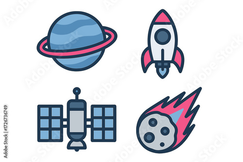Essential space exploration icons: a ringed planet, a launching rocket, an orbiting satellite, and a fiery meteor