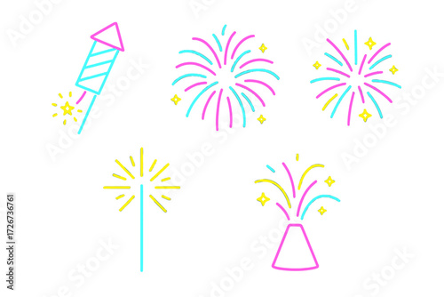 Vibrant neon outline icons depicting various types of fireworks, including rockets, sparklers, and bursting explosions, perfect for festive celebrations and party designs