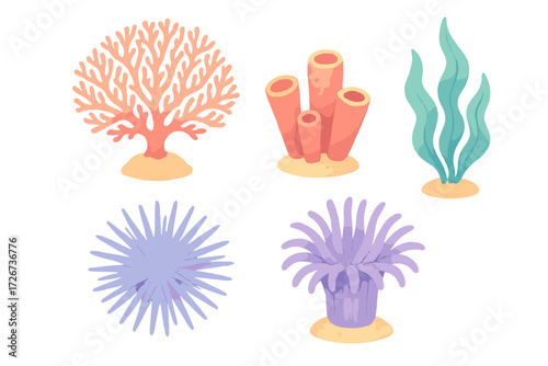 Vibrant diverse marine life elements including coral, sea sponges, seaweed, and anemones on sandy bases