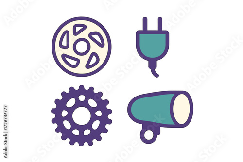 Collection of essential mechanical and electrical components including a gear, power plug, disc, and flashlight