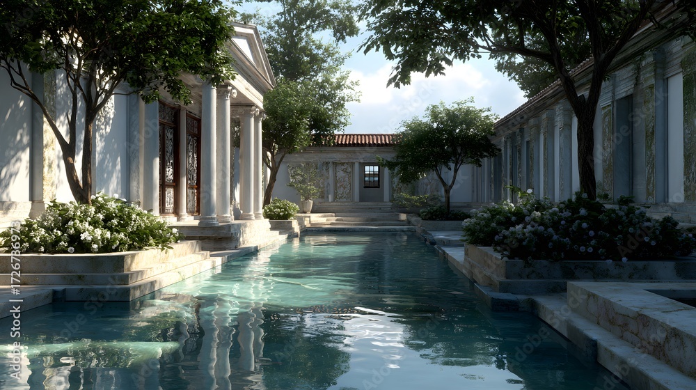 Obraz premium Ancient roman courtyard with a long swimming pool and lush greenery