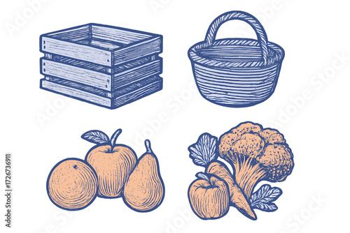Farm fresh produce collection featuring a rustic wooden crate, traditional woven basket, ripe fruits, and healthy garden vegetables