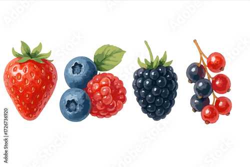 Vibrant fresh berry mix featuring strawberry blueberry raspberry blackberry redcurrant blackcurrant