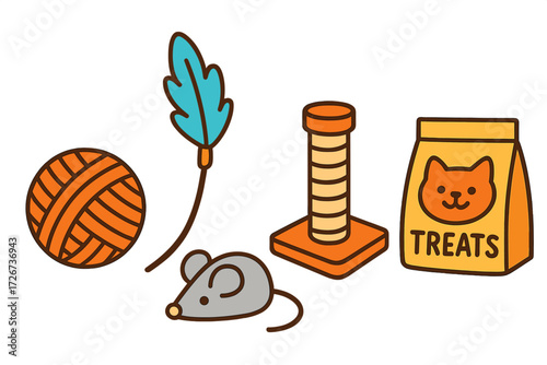 Essential cat care items collection featuring playful toys, scratching post, and delicious treats for feline pets
