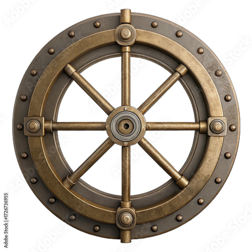 Detailed submarine pressure hatch locking wheel mechanism with rivets and spokes isolated isolated on transparent background