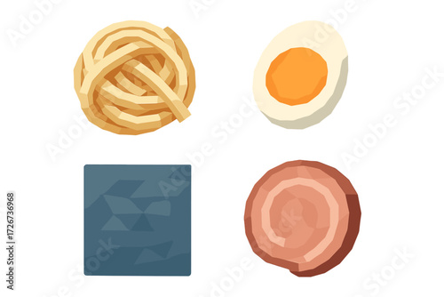 Assortment of ramen ingredients including noodles, sliced egg, seaweed, and rolled meat in geometric style